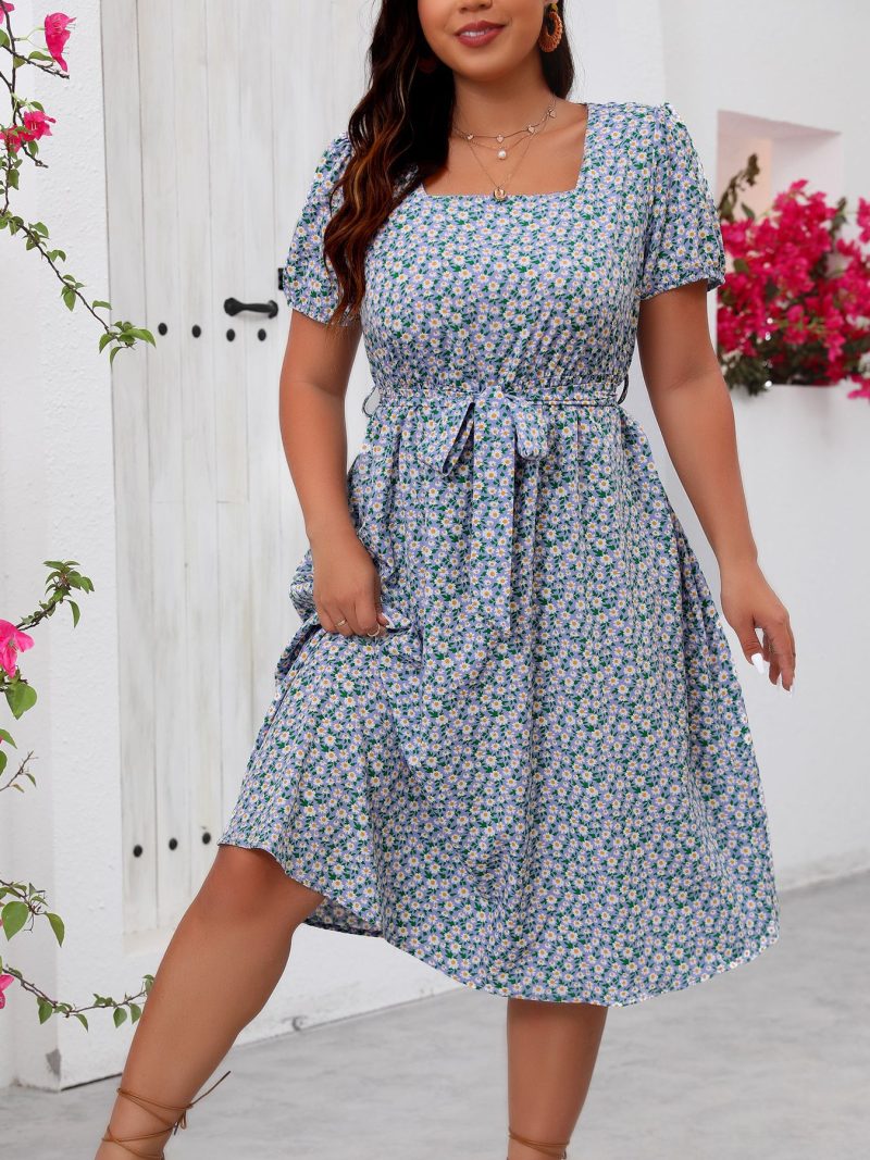 Plus Size Floral A-Line Summer Dress with Belt and Pleated Hem - Image 3