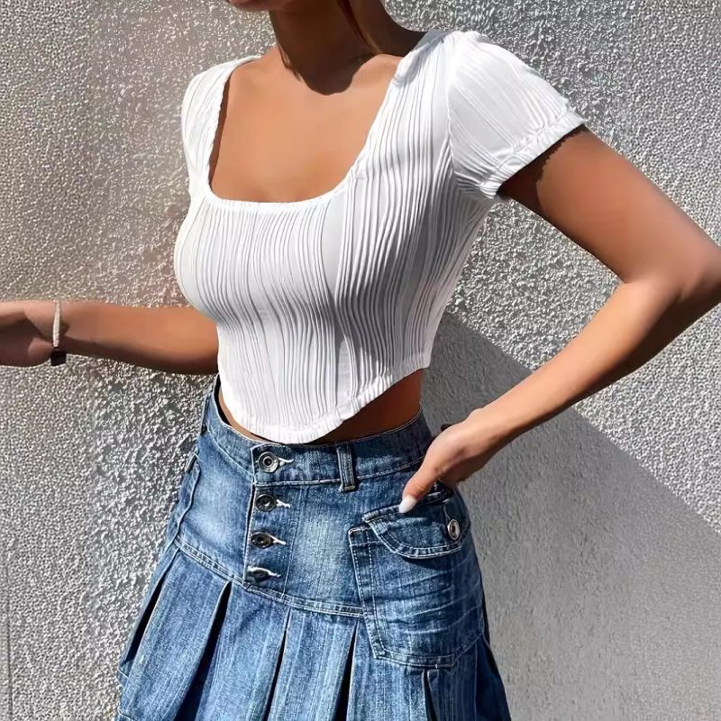 Summer U Collar Boning Corset Waist Girdle Short Sleeve T-Shirt