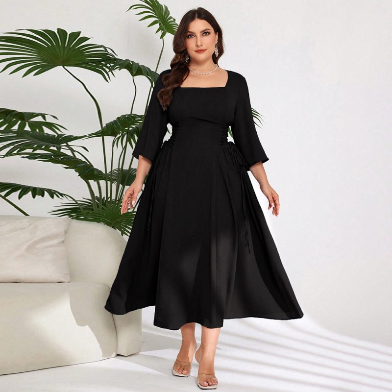 Plus Size Elegant Square Collar Mid-Length Dress - Image 2