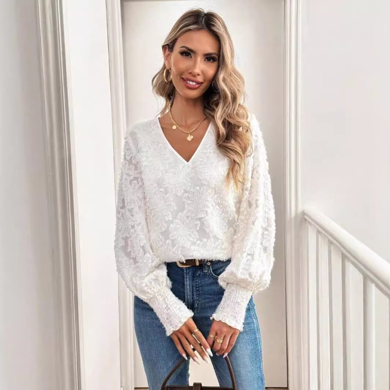 Elegant V-Neck Embroidered Lantern Sleeve White Shirt for Women - Image 4