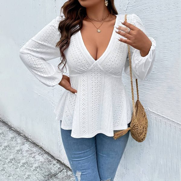 Plus Size Deep V Plunge T-Shirt – Sexy Long Sleeve Top - Image 3