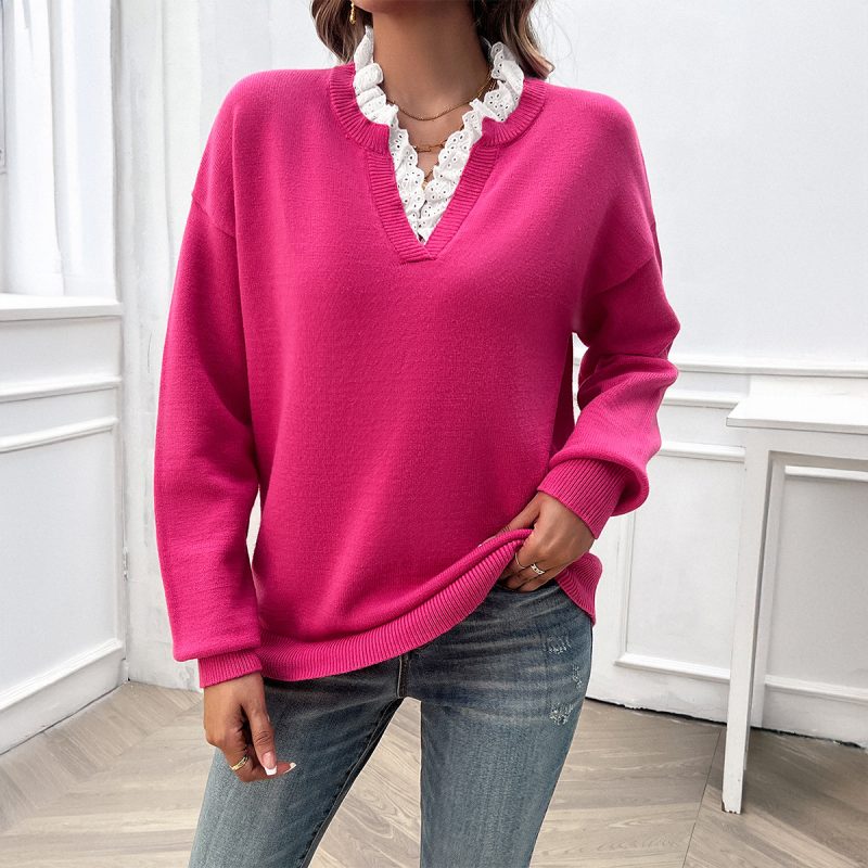 Loose Lace V-Neck Sweater – Women’s Autumn Winter Top