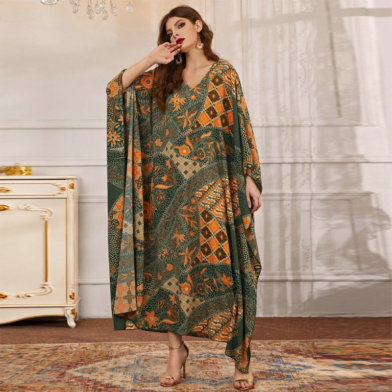 Women’s Fall Long Irregular Asymmetric Printed V-Neck Batwing Sleeve Dress - Image 3