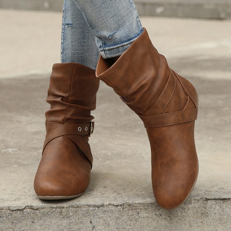 Flat Rivet Short Boots for Women with Belt Buckle - Brown - Image 4
