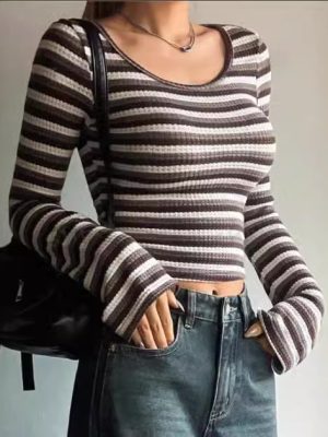 Women’s Slim Striped Round Neck Long Sleeve Pullover Shirt