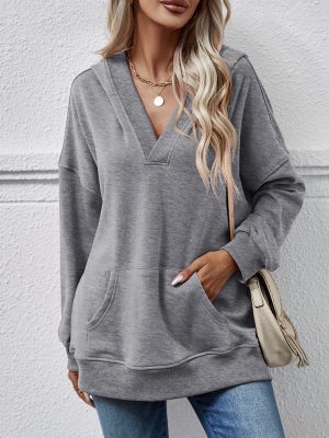 Autumn Winter Solid Color Hooded Long Sleeve Kangaroo Pocket Sweater for Women