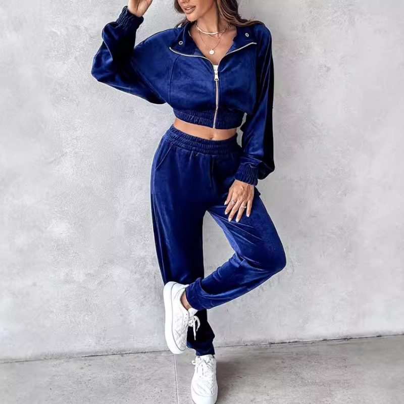 Autumn Winter Casual Pleuche Long Sleeve Trousers Set for Women