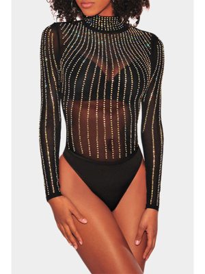 Black Turtleneck Long Sleeve Jumpsuit with Iridescent Rhinestones