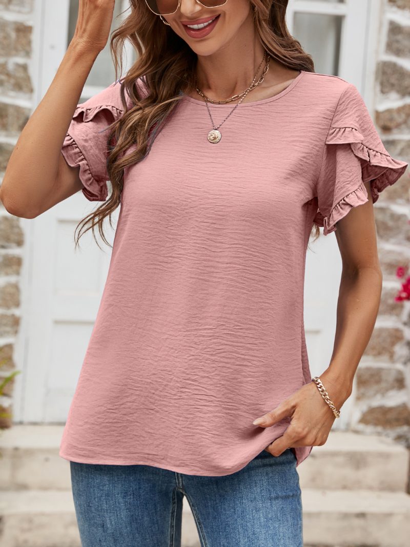 Women’s Summer Solid Color Round Neck Ruffled Short Sleeve Casual T-Shirt - Image 2