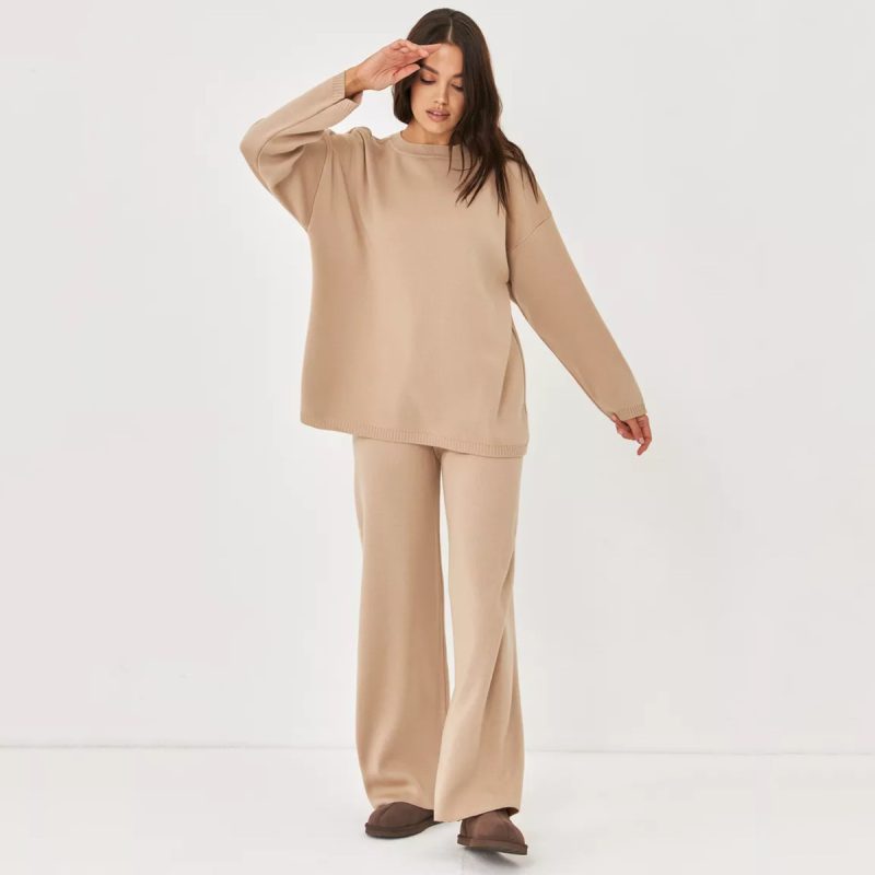 Solid Color Round Neck Sweater and Knitted Trousers Set – Casual Two-Piece - Image 3