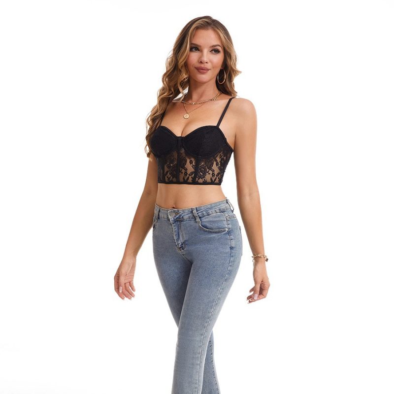 Sexy Mesh Low Cut Black See-Through Backless Cropped Lace Bra