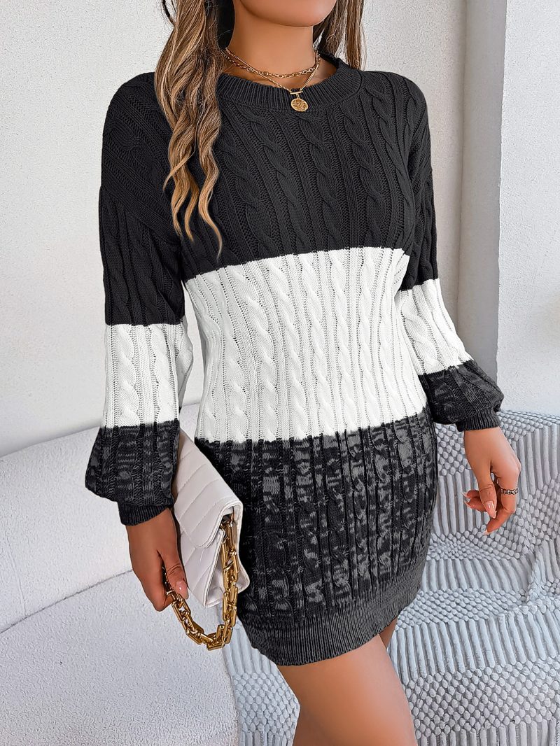 Casual Color Matching Twist Lantern Sleeve Woolen Dress for Women - Image 5