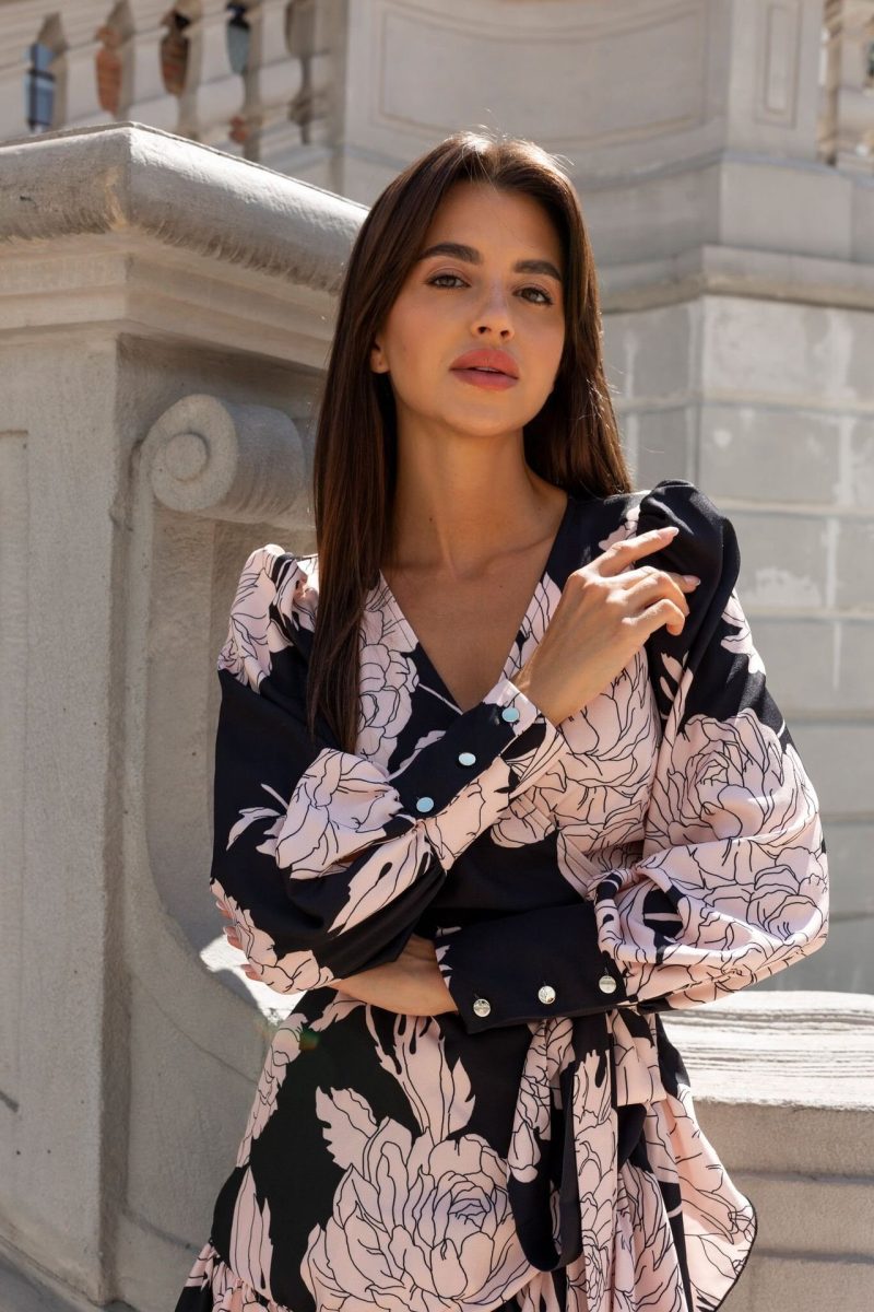 Autumn Printed V-Neck Long Sleeve Ruffle Dress for Women - Image 4