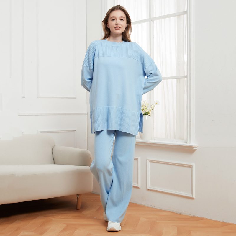 Round Neck Sunken Stripe Stitching Loose Casual Sweater Pullover & Knitted Trousers Two-Piece Set