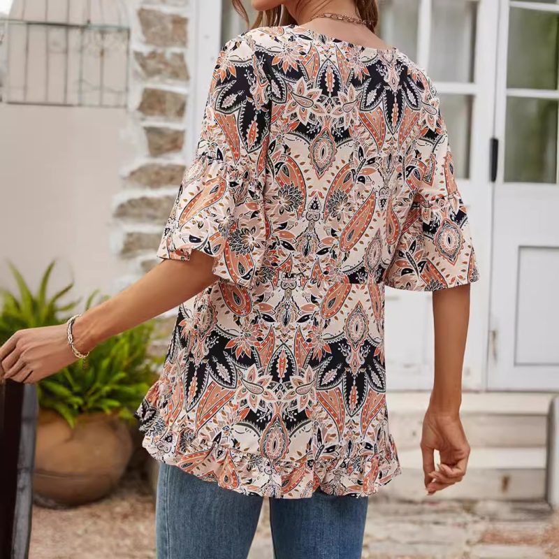 Summer Women’s V-Neck Printed Casual T-Shirt with Bell Sleeves - Image 3