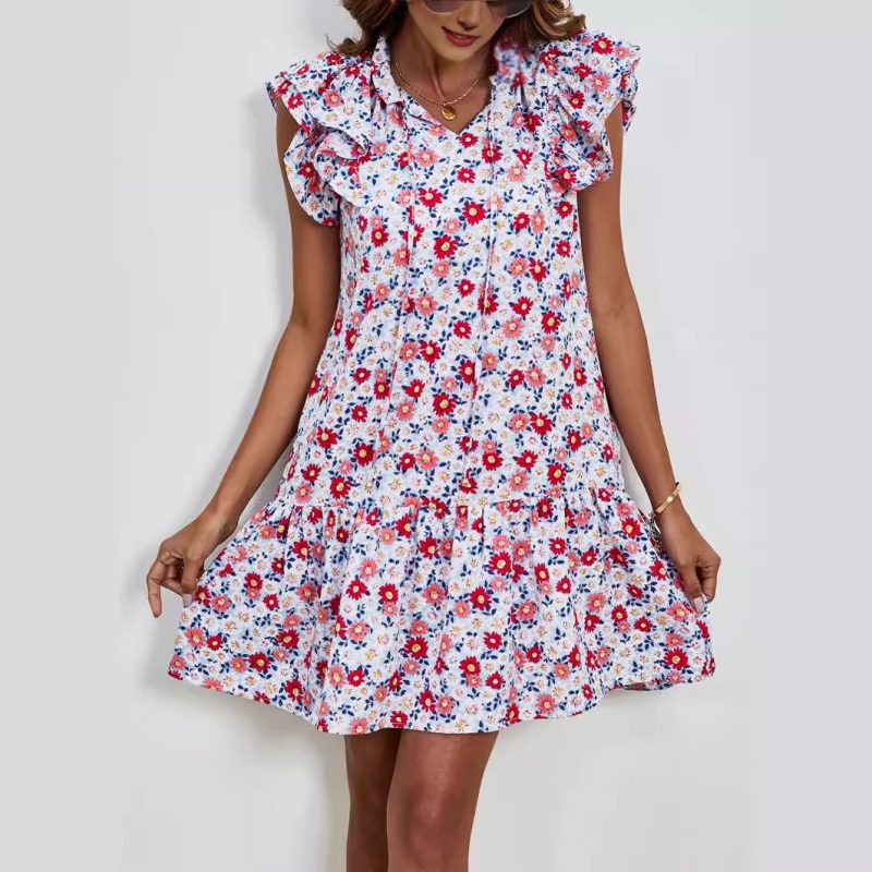 Printed V-Neck Sleeveless Dress - Ruffled Knee-Length with Pockets - Image 3