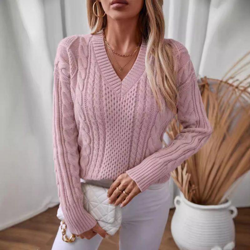 Women's V-Neck Pullover Sweater - Vintage Twisted Knit Pattern - Image 2