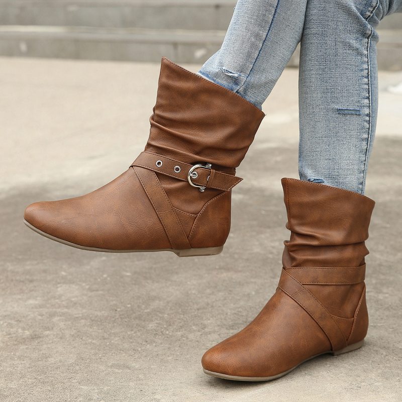 Flat Rivet Short Boots for Women with Belt Buckle - Brown