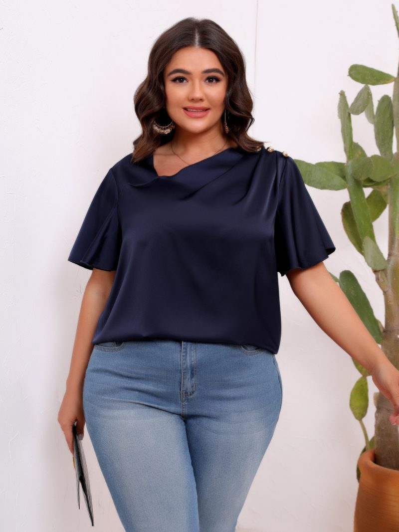 Plus Size Satin Silk Oblique Shoulder Ruffle Sleeve Office Top - Image 2