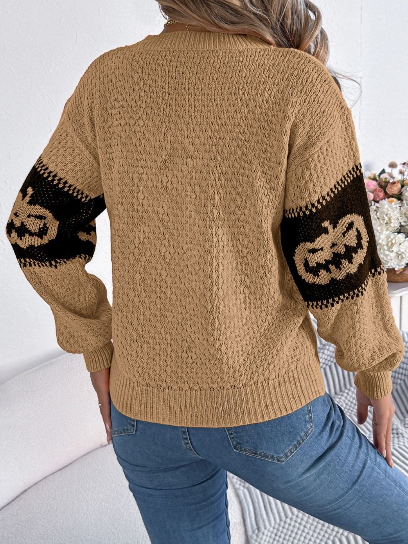 Women's Halloween Pumpkin Head Knit Pullover – Autumn Contrast Sweater - Image 4