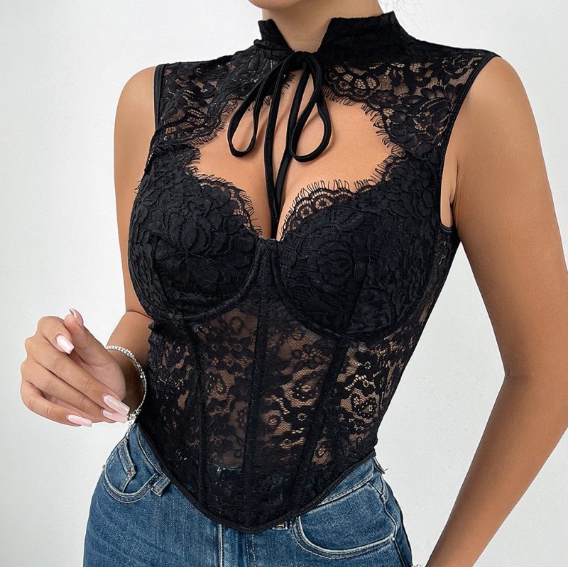 Sexy Lace Transparent Mesh Boning Corset Outerwear Vest