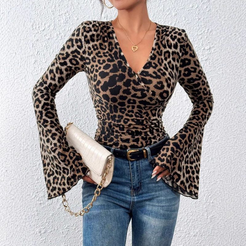 Leopard Layered V-Neck Bell Sleeve Slim Fit Knitted Top for Women - Image 4