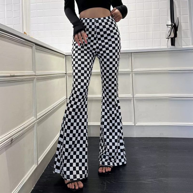 High-Waisted Chessboard Plaid Bell Bottom Yoga Pants for Women - Image 4