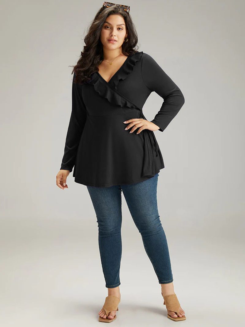 Plus Size Ruffled V-Neck Slimming Top – Elegant Autumn Winter T-Shirt - Image 2