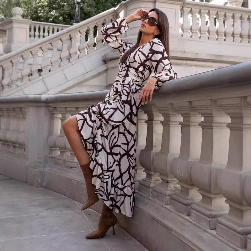 Fall V-Neck Long Sleeve Printed Irregular Asymmetric Dress for Women - Image 2
