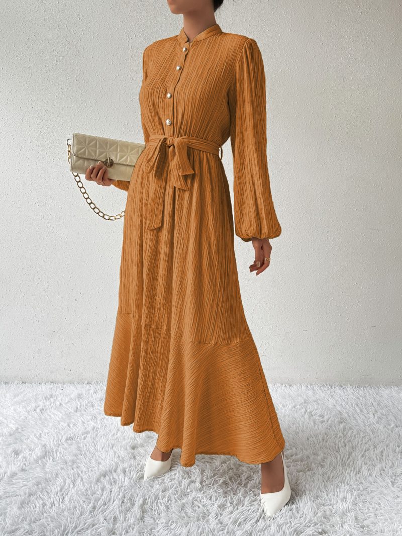 Solid Color Lantern Sleeve Button Dress - Slimming Maxi Dress - Image 3
