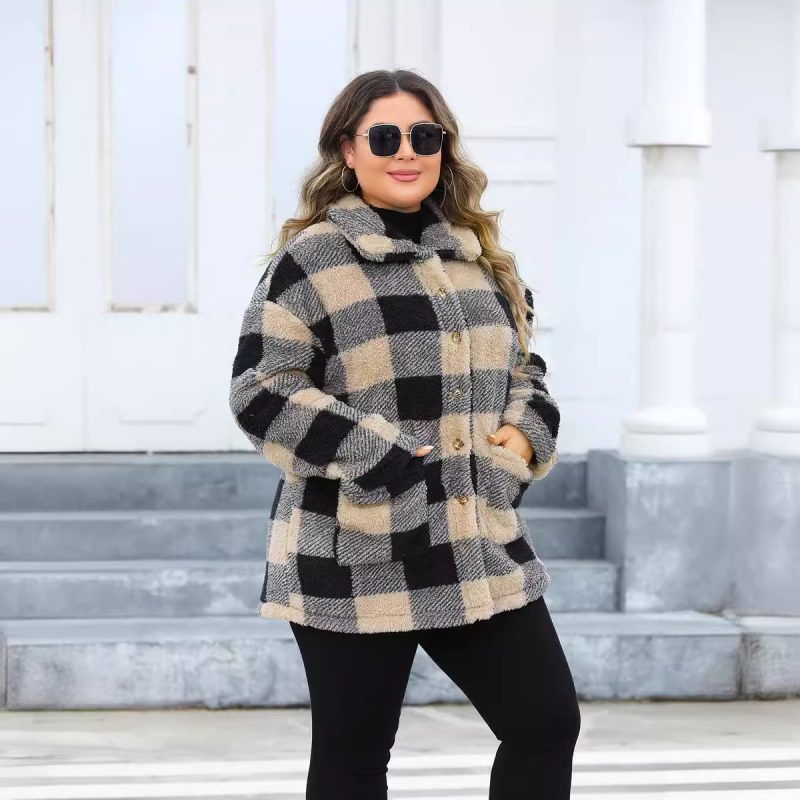 Plus Size Plaid Thickened Fleece Turn Down Collar Coat for Women - Image 4