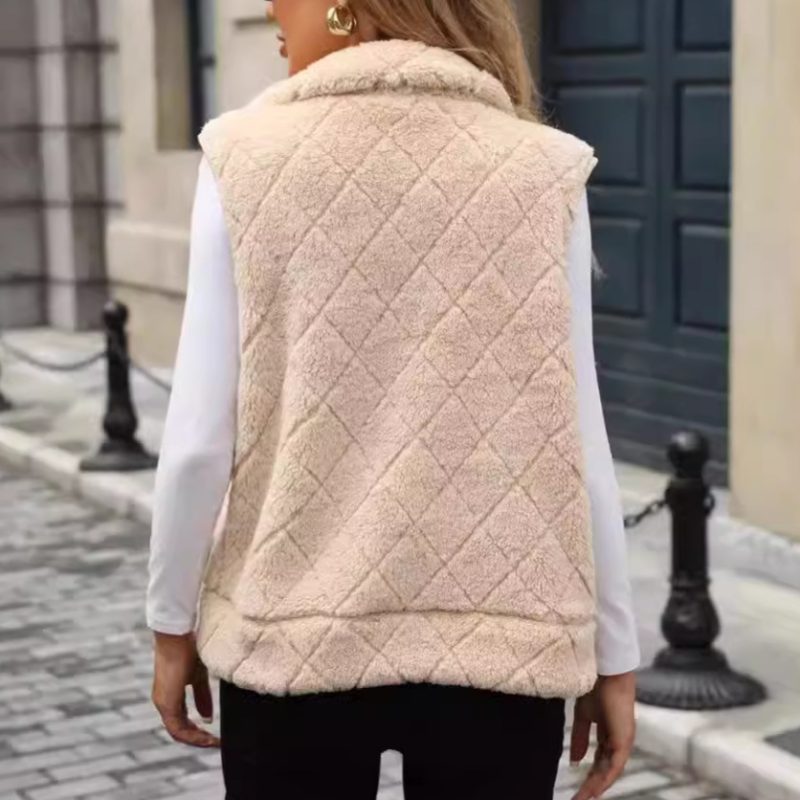 Women’s Autumn Winter Zipper Loose Diamond Lattice Plush Vest Cardigan - Image 2