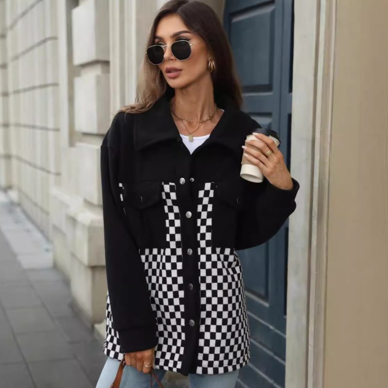 Women’s Autumn Winter Polo Collar Single Breasted Long Sleeve Polar Fleece Plaid Coat - Image 4