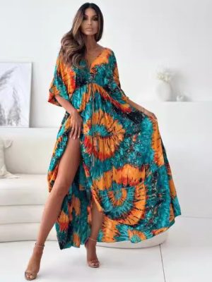 Autumn Floral Print Deep V Plunge Slit Dress: 3/4 Sleeve Elegance