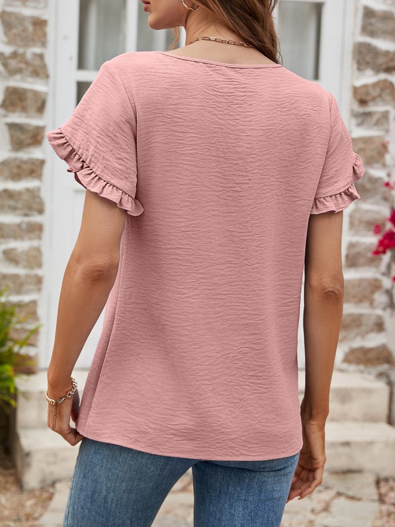 Women’s Summer Solid Color Round Neck Ruffled Short Sleeve Casual T-Shirt - Image 3