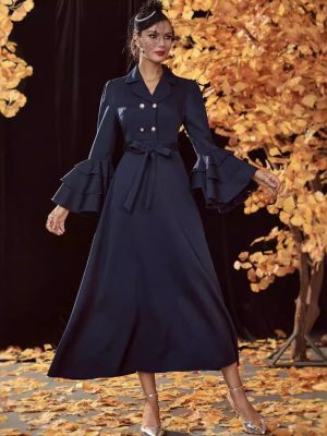 Women Autumn Winter Double Breasted High Waist Trench Coat Dress