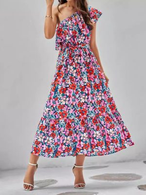 Printed Oblique Shoulder Ruffles Sleeveless Summer Dress