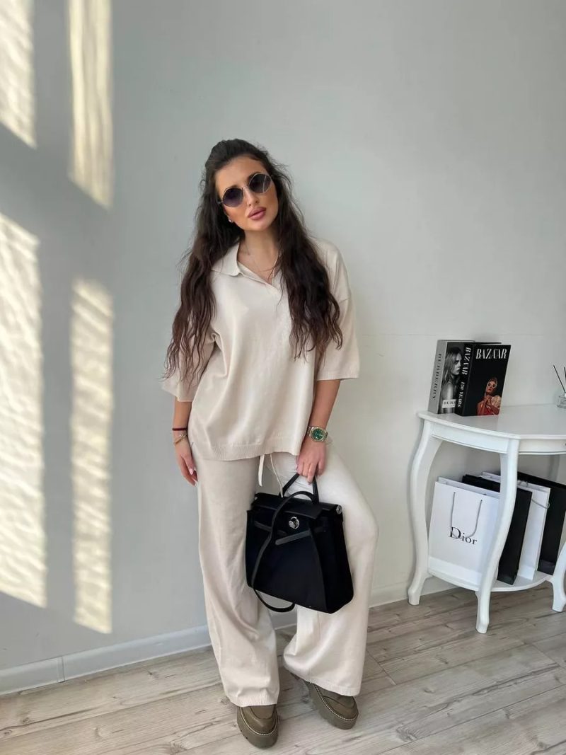 Polo Collar Sweater & Knitted Trousers Set – Casual Solid Color Two-Piece - Image 4