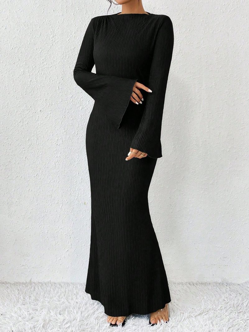 Women’s Bell Sleeve Slim Fit Fishtail Black Dress - Image 3