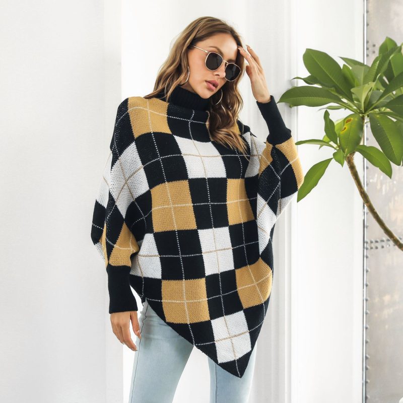Plaid Jacquard Cape Sweater with Turtleneck for Women - Image 4
