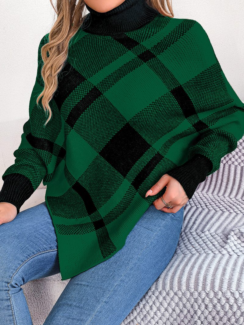 Casual Color Contrast Check Turtleneck Cloak Sweater for Women - Image 4