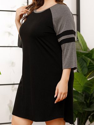 Plus Size Stitching Contrast Color Round Neck Dress with Sleeves