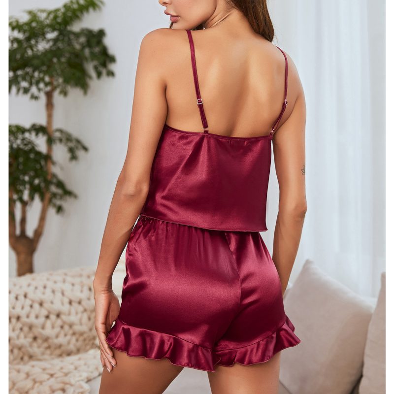 Plus Size Satin Pajama Set with Suspender Shorts for Women - Image 2