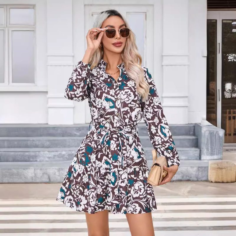 Autumn Winter Printed Button Long Sleeve Dress for Women