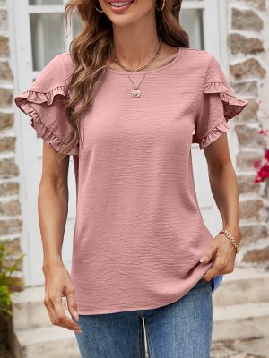 Women’s Summer Solid Color Round Neck Ruffled Short Sleeve Casual T-Shirt