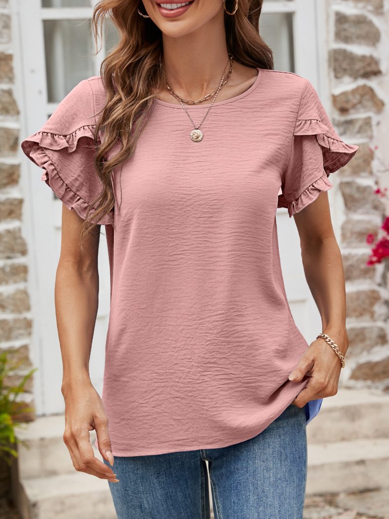 Women’s Summer Solid Color Round Neck Ruffled Short Sleeve Casual T-Shirt