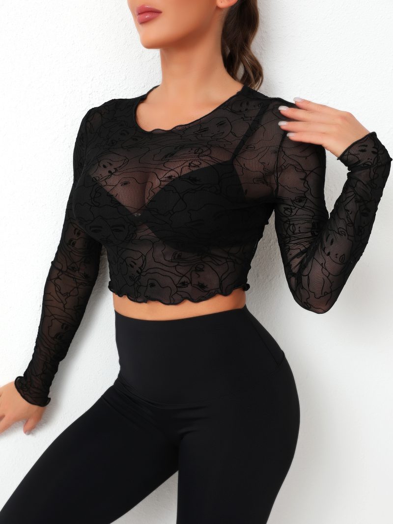 Elastic Mesh Cutout Cropped Ruffled Long Sleeve Top - Image 3