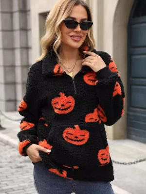 Women’s Autumn Winter Halloween Pumpkin Printed Half Zipper Plush Pullover Sweater