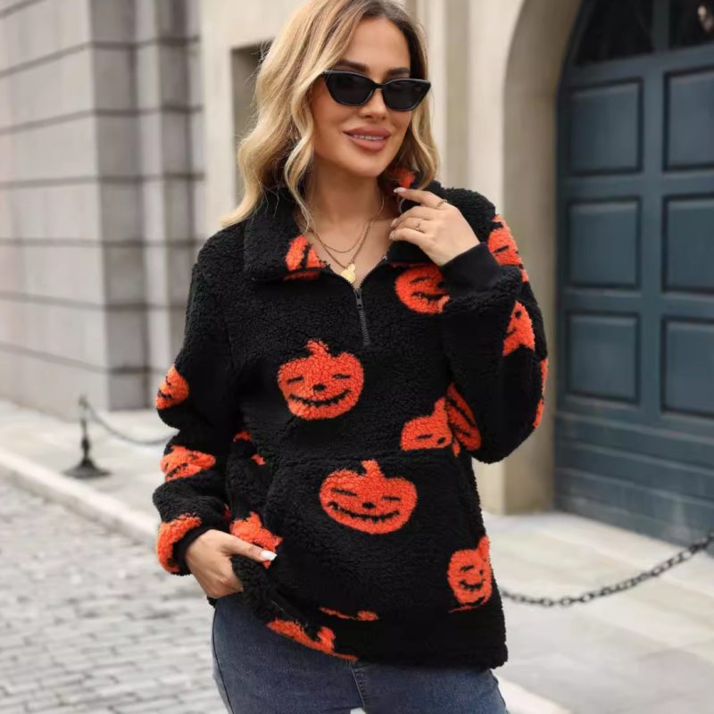 Women’s Autumn Winter Halloween Pumpkin Printed Half Zipper Plush Pullover Sweater