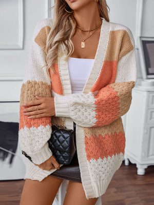 Women’s Contrast Color Striped Cardigan – Casual Lantern Sleeve